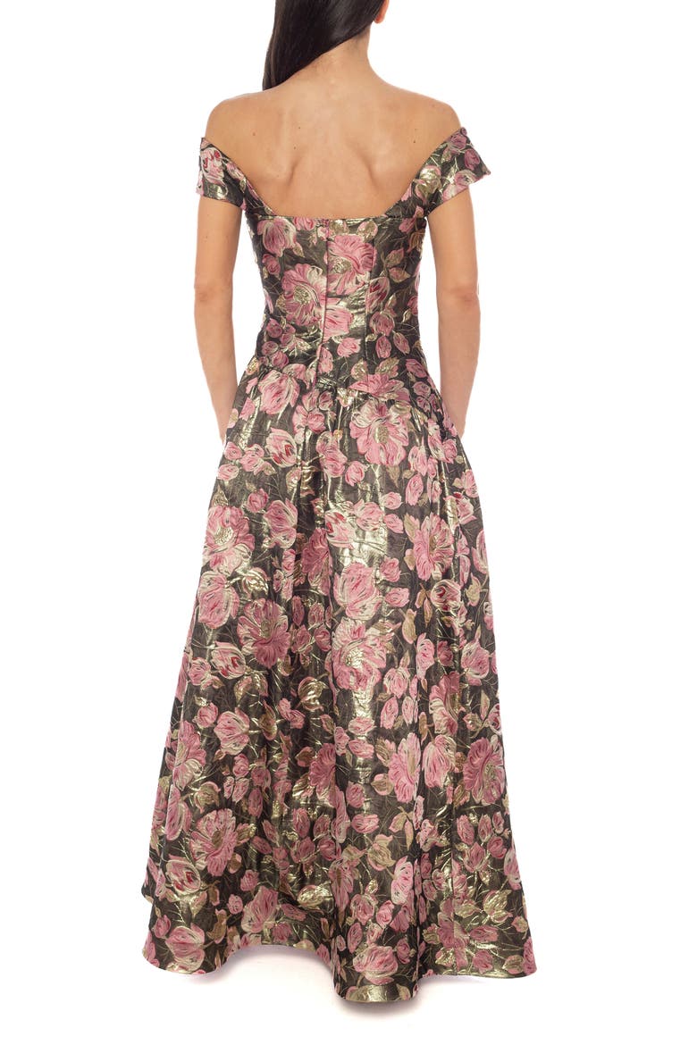 Metallic Floral Jacquard Off the Shoulder Gown, Alternate, color, PINK/ GOLD