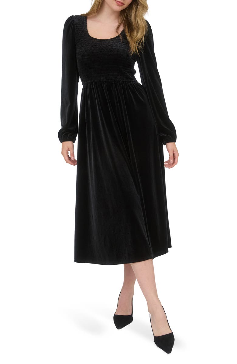 AUGUST SKY Long Sleeve Smocked Velvet Midi Dress, Main, color, Black