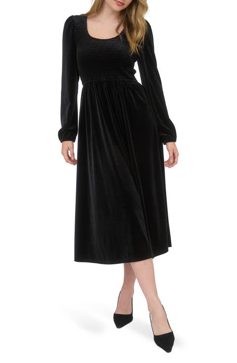 Long Sleeve Smocked Velvet Midi Dress