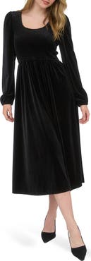 AUGUST SKY Long Sleeve Smocked Velvet Midi Dress