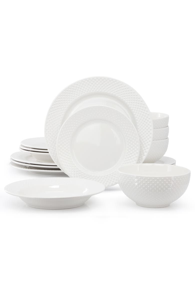 Kim 16 Piece Double Bowl Porcelain Dinnerware Set, Alternate, color, White