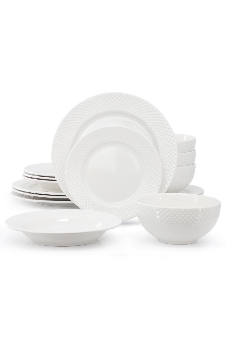 Elama Kim 16 Piece Hobnail Double Bowl Porcelain Dinnerware Set, Alternate, color, White