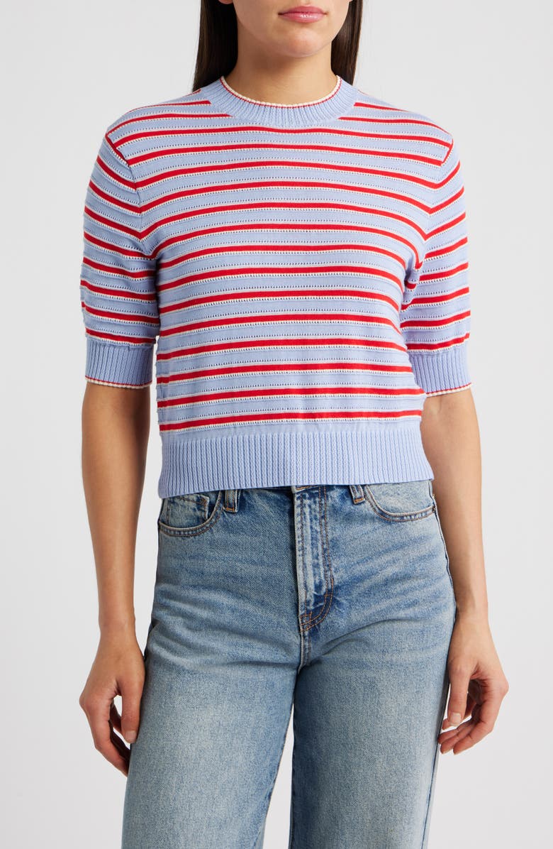 Madewell Textural Stitch Crewneck Sweater, Main, color, Light Blue Trio Stripe