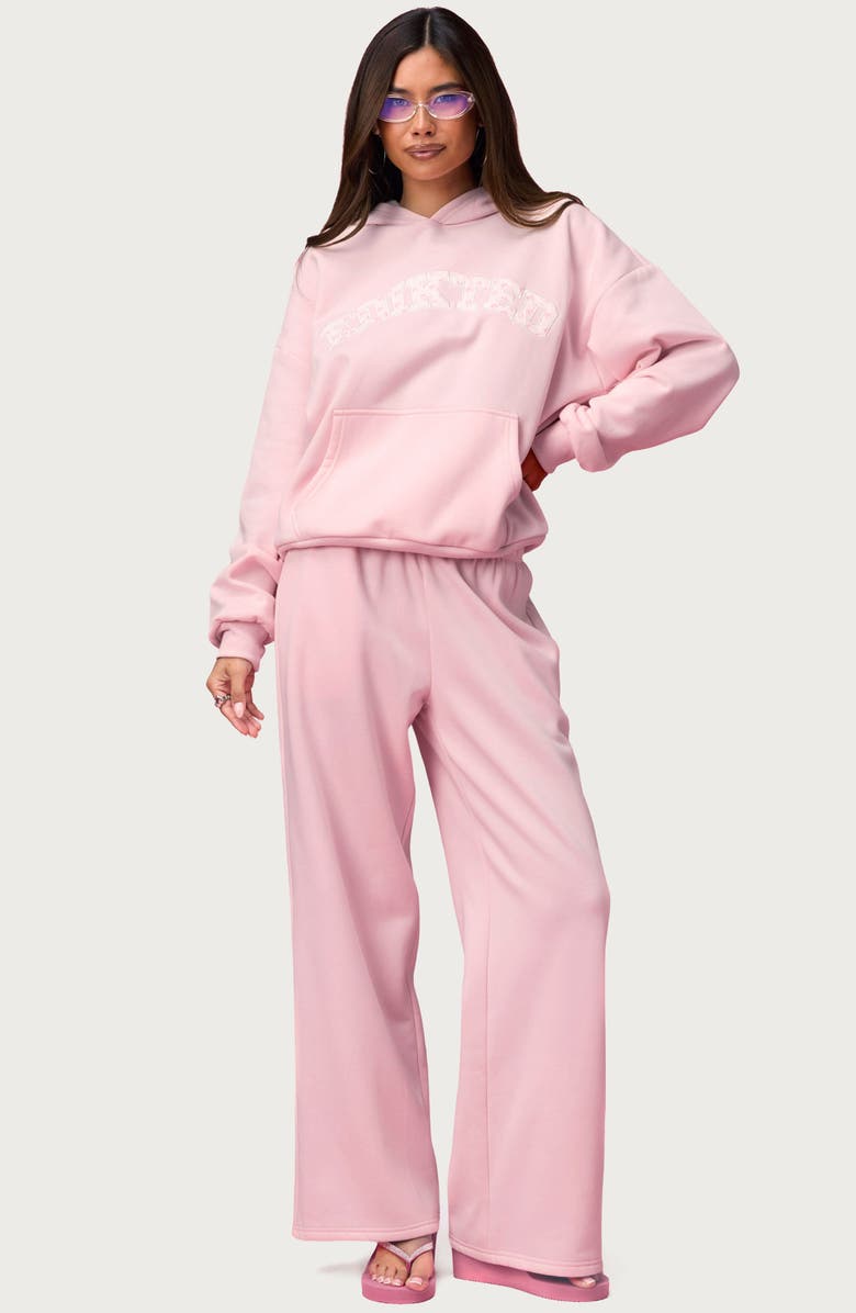 EDIKTED x Barbie<sup>™</sup> Heart Logo Wide Leg Sweatpants, Alternate, color, Light-Pink
