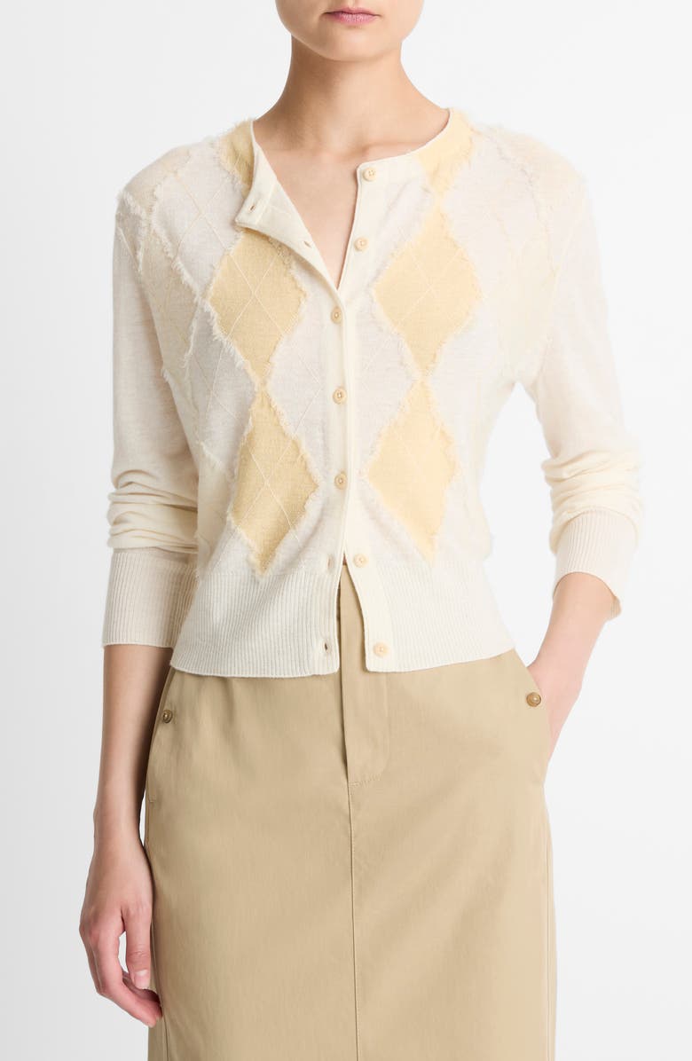 Vince Hand Cut Argyle Cardigan, Main, color, Crema/Palazzo/Butter