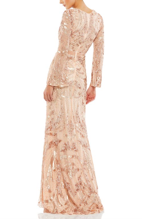 Mac Duggal Sequined Faux Wrap Split Long Sleeve Gown In Rose Gold