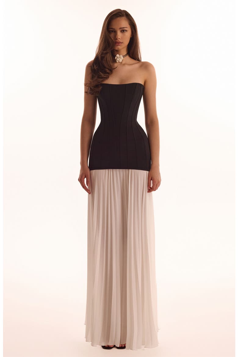 Strapless Formal Occasion Maxi Dress with Pleated Skirt in Black & White, Main, color, Black&White