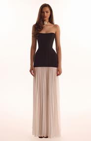 Milla Strapless Formal Occasion Maxi Dress with Pleated Skirt in Black & White