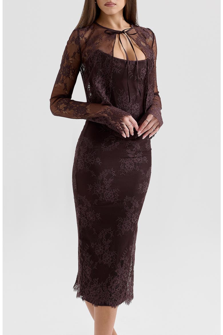 Larra Lace Tie Neck Long Sleeve Midi Dress & Bolero Jacket, Alternate, color, CHOCOLATE PLUM