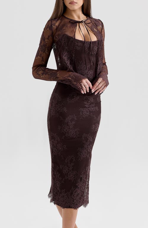 House Of Cb Larra Lace Tie Neck Long Sleeve Midi Dress & Bolero Jacket In Chocolate Plum