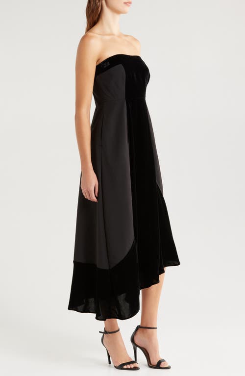 Du Paradis Geneva Mixed Media Strapless Asymmetric Midi Dress In Black