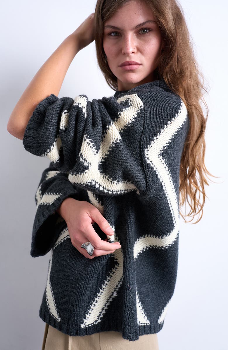 Topshop Oversize Argyle Crewneck Sweater, Alternate, color, Charcoal