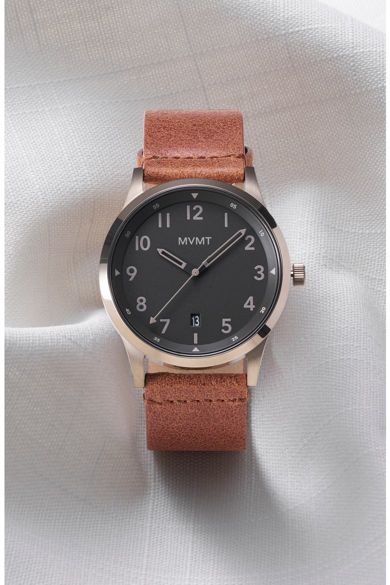 MVMT Field Nomad Leather Strap Watch, 41mm, Alternate, color, BROWN/ COFFEE/ BEIGE GOLD