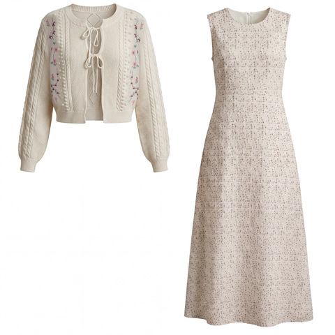 Eyelet Floral Lined Jumper Dress with Rib Trim Cardigan 2 Piece Set
