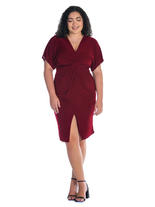 24seven Comfort Apparel Women's Short Sleeve V-neck Twist Front Dress In Burgundy