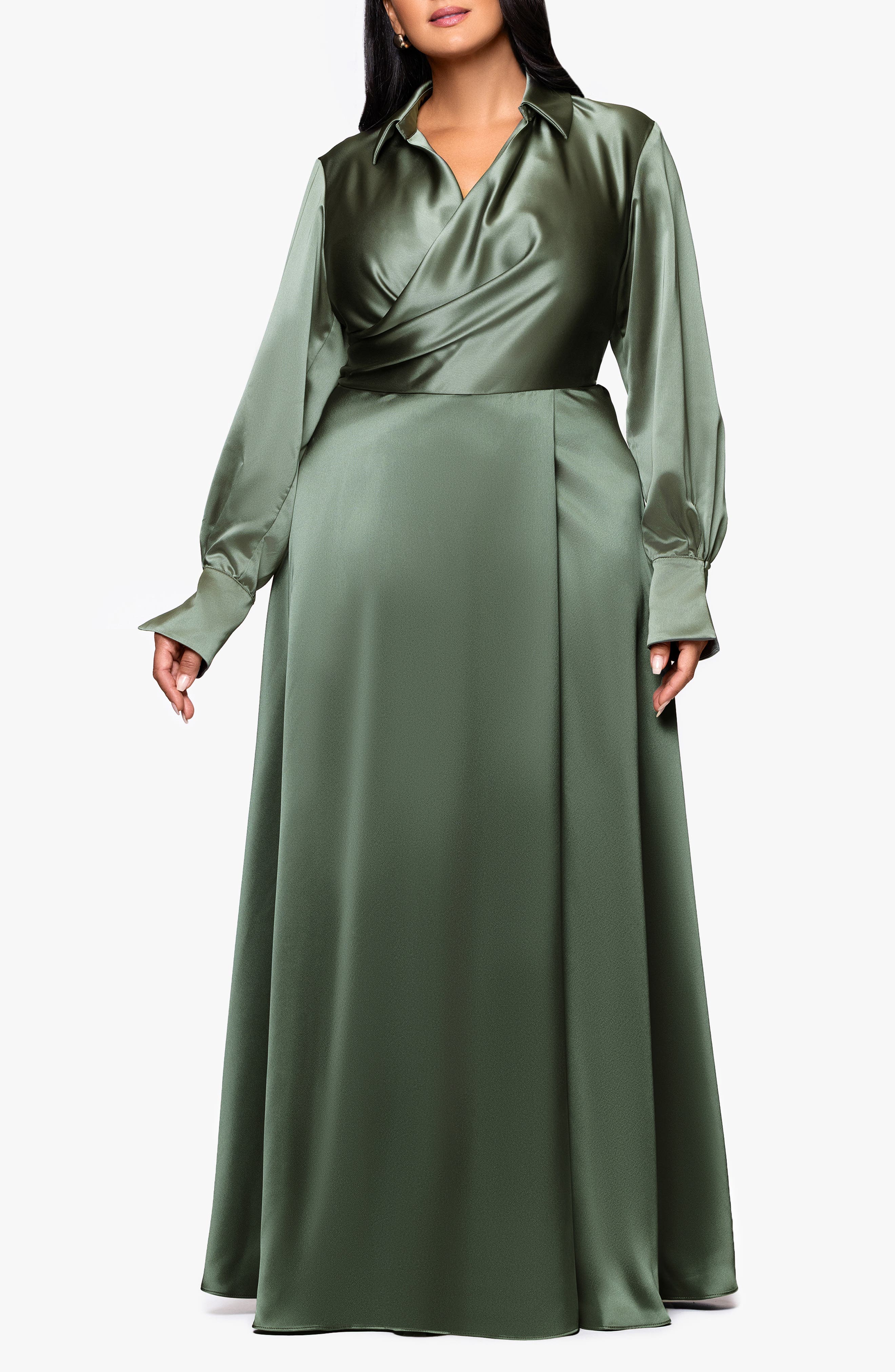 Xscape Evenings Long Sleeve Satin Gown In Green