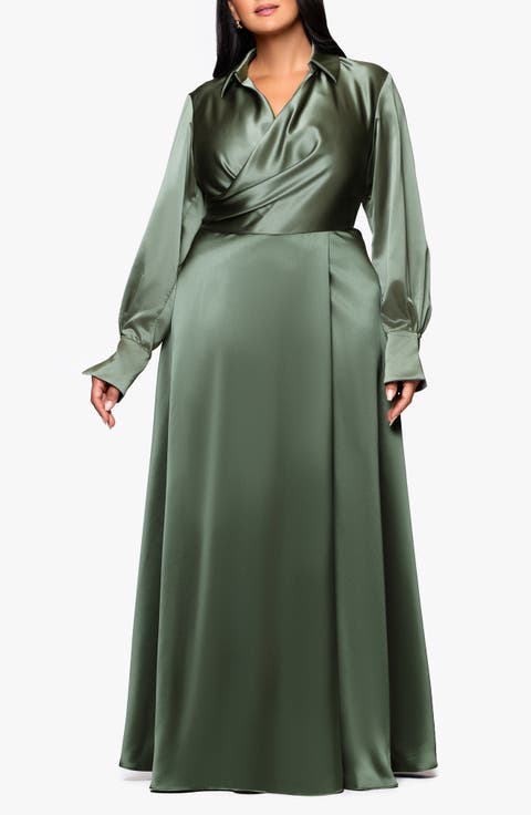 Long Sleeve Satin Gown (Plus)