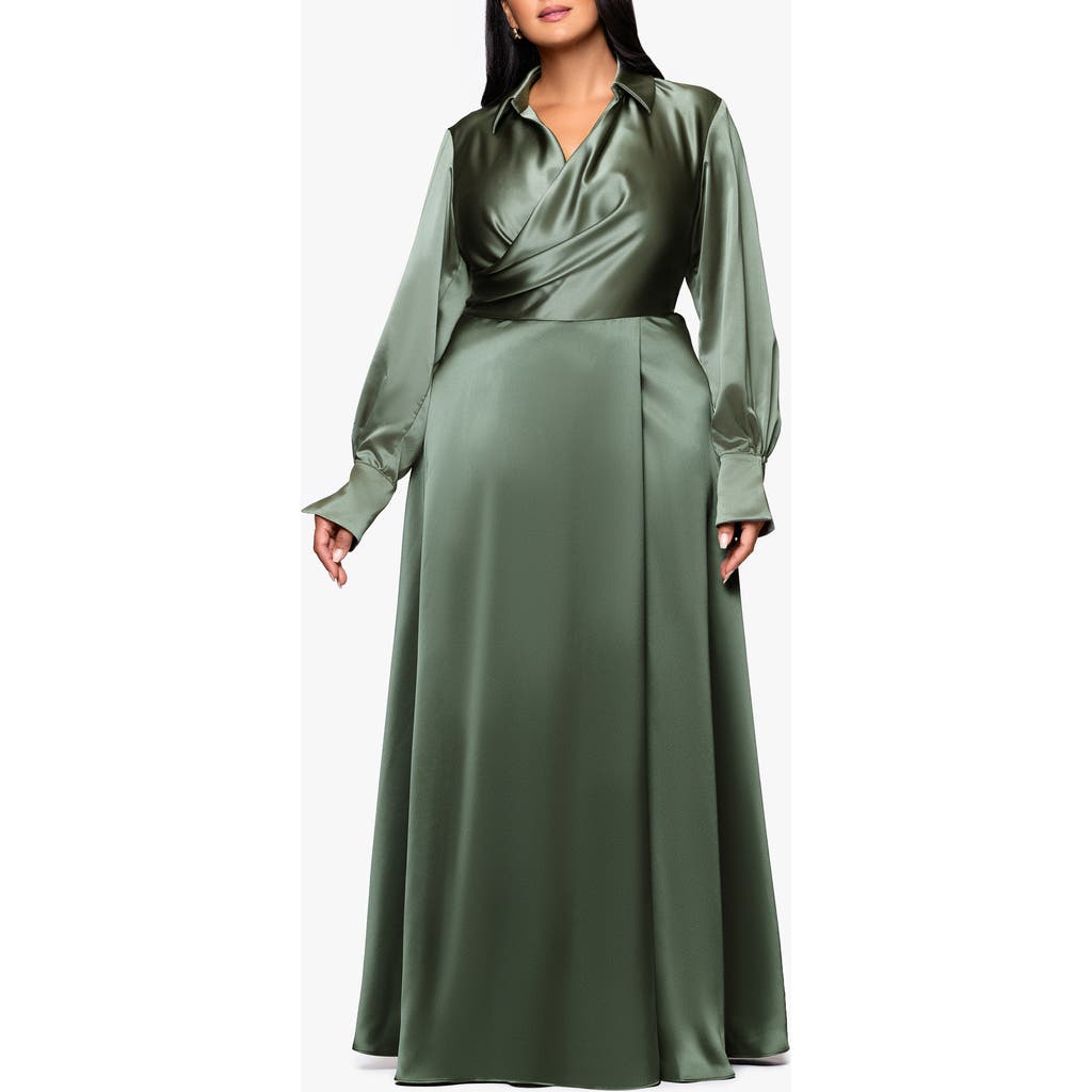 Xscape Evenings Long Sleeve Satin Gown In Green