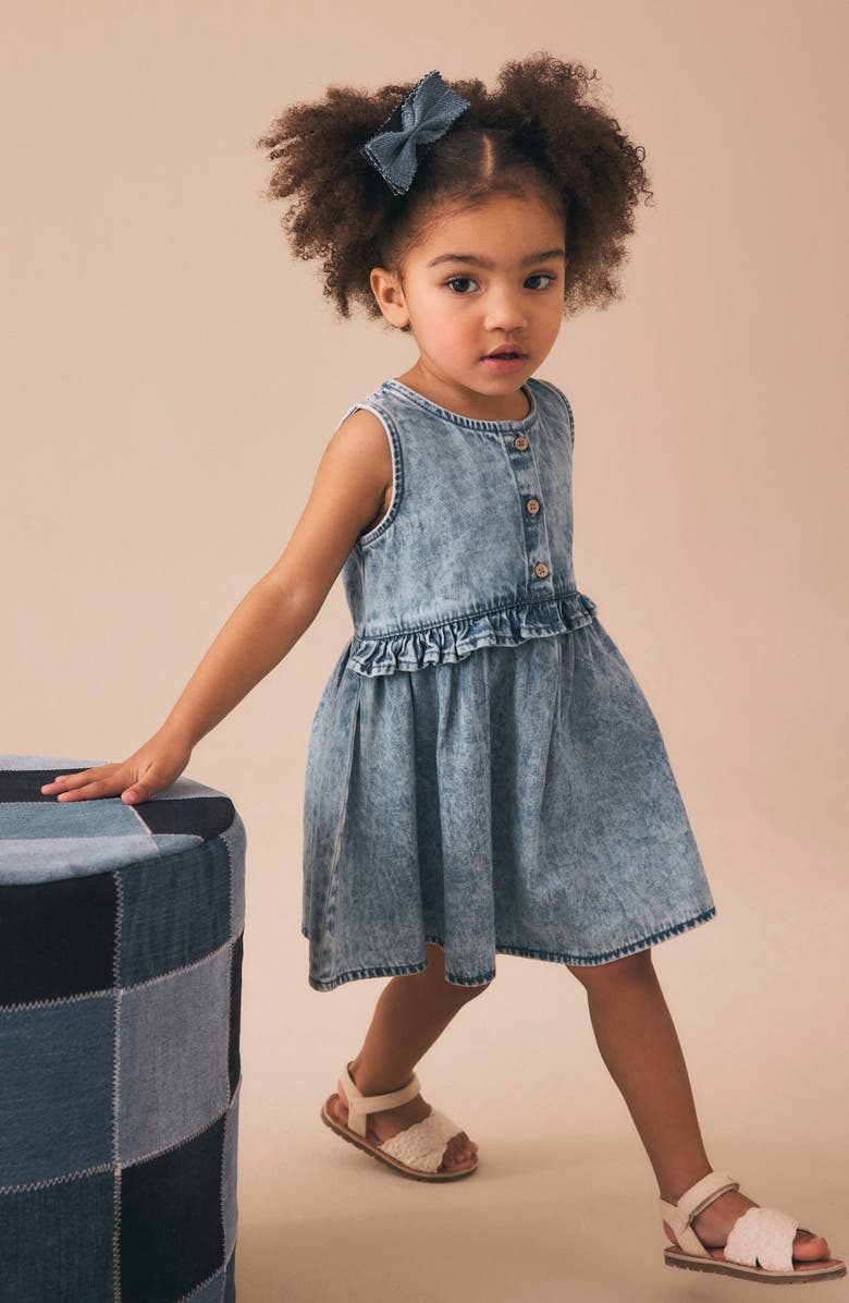NEXT Kids' Ruffle Cotton Denim Dress, Alternate, color, Blue