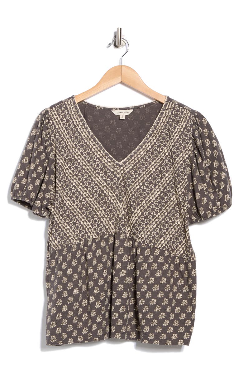 Lucky Brand V-Neck Mix Print T-Shirt, Alternate, color, Black Floral