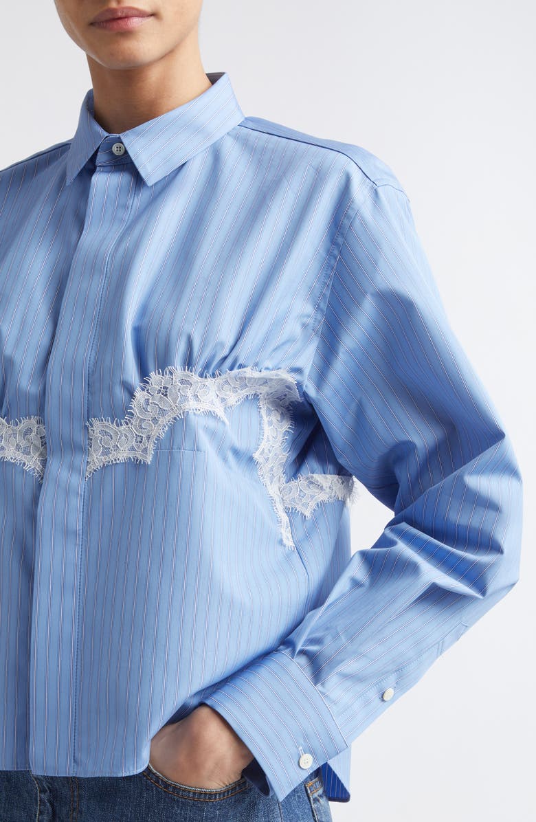 Sacai Stripe Lace Trim Poplin Button-Up Shirt, Alternate, color, Blue Stripe
