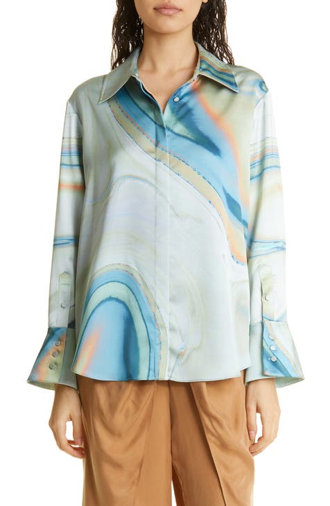 Elika Marble Print Satin Button-Up Shirt