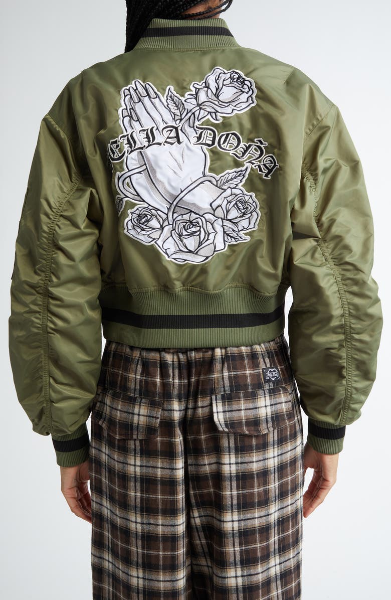 Bella Doña Pray Hands Bomber Jacket, Alternate, color, Green