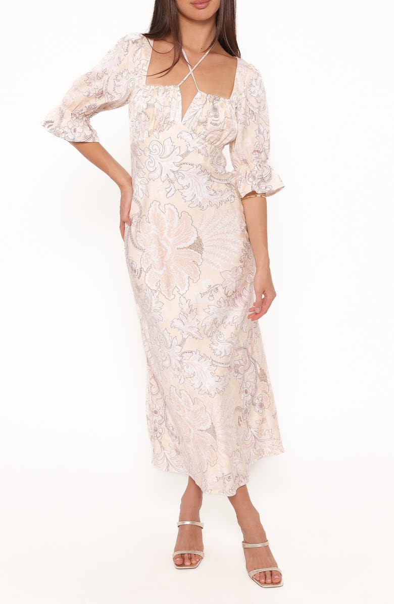 Petal & Pup Pauline Floral Tie Neck Satin Maxi Dress, Main, color, Pastel Paisley