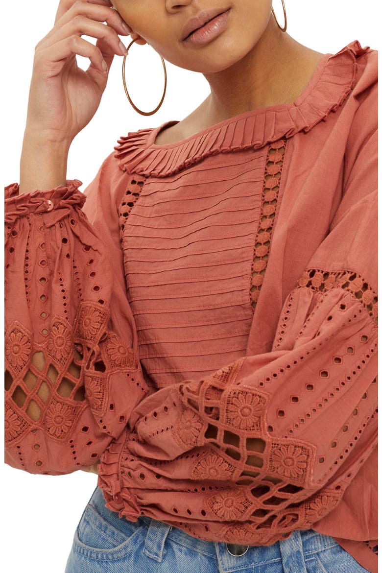 Cutwork Balloon Sleeve Blouse, Main, color, DUSTY PINK
