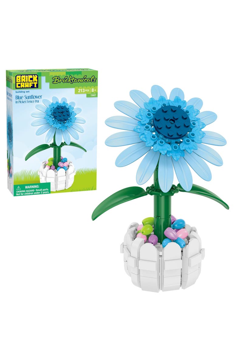 Brickcraft Bricktanicals Blue Sunflower in Picket Fence Pot Building Set, Main, color, Yellow
