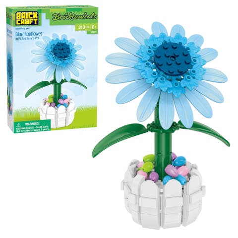 Bricktanicals Blue Sunflower in Picket Fence Pot Building Set