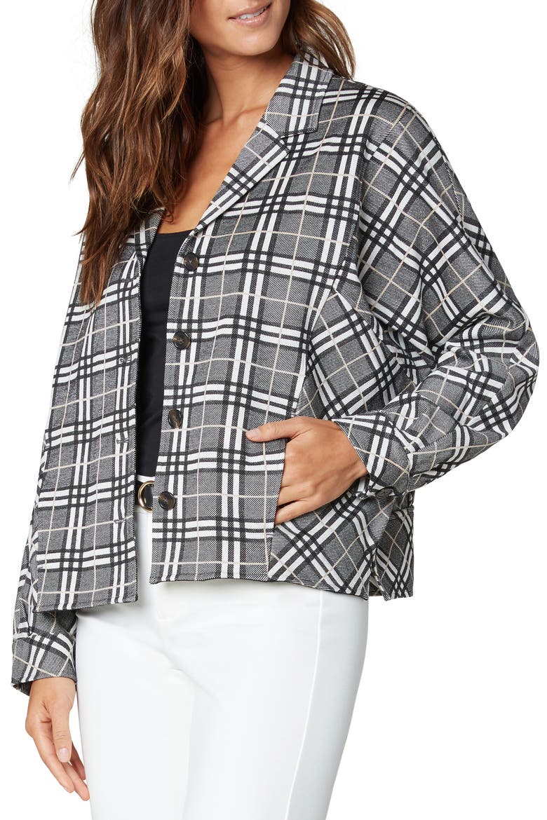 Cocoon Plaid Crop Jacket, Alternate, color, BLACK/ CREAM/ KHAKI