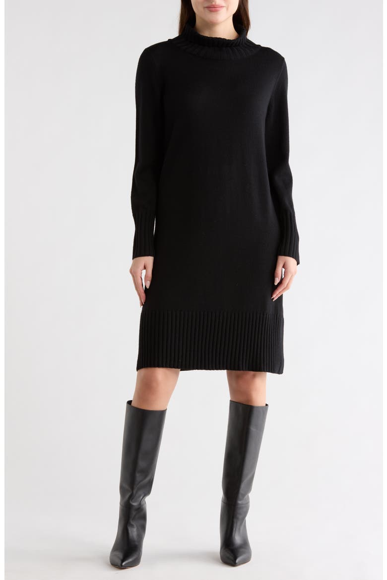 Turtleneck Long Sleeve Merino Wool Sweater Dress, Main, color, BLACK