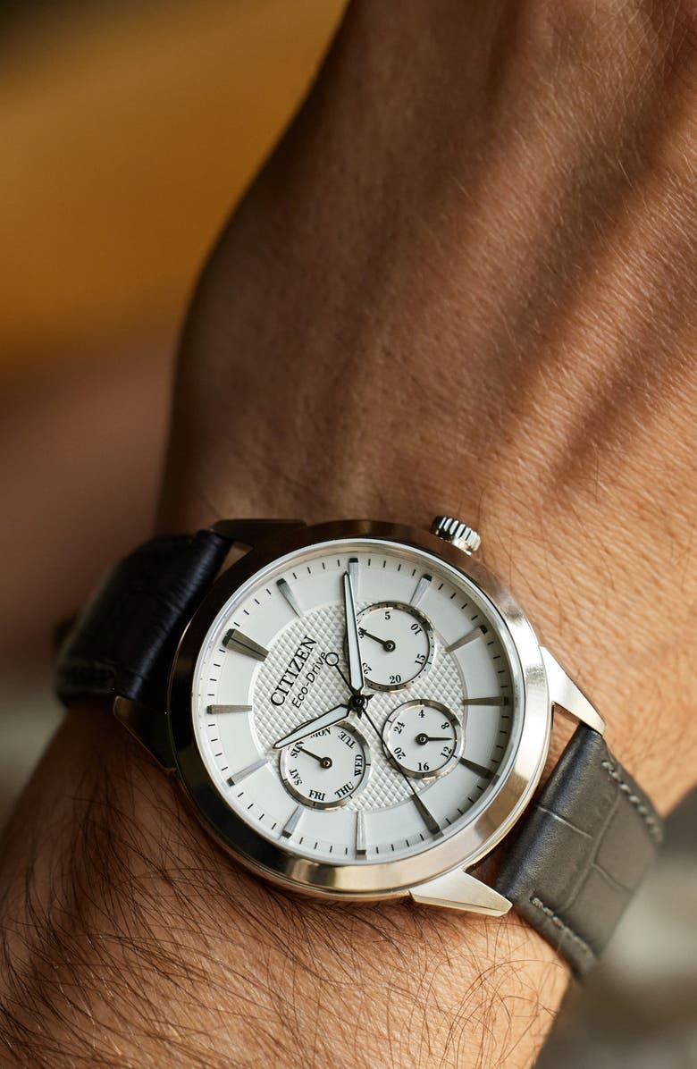 Citizen Rolan Eco-Drive Leather Strap Watch, 40mm, Alternate, color, White/ Grey Multi