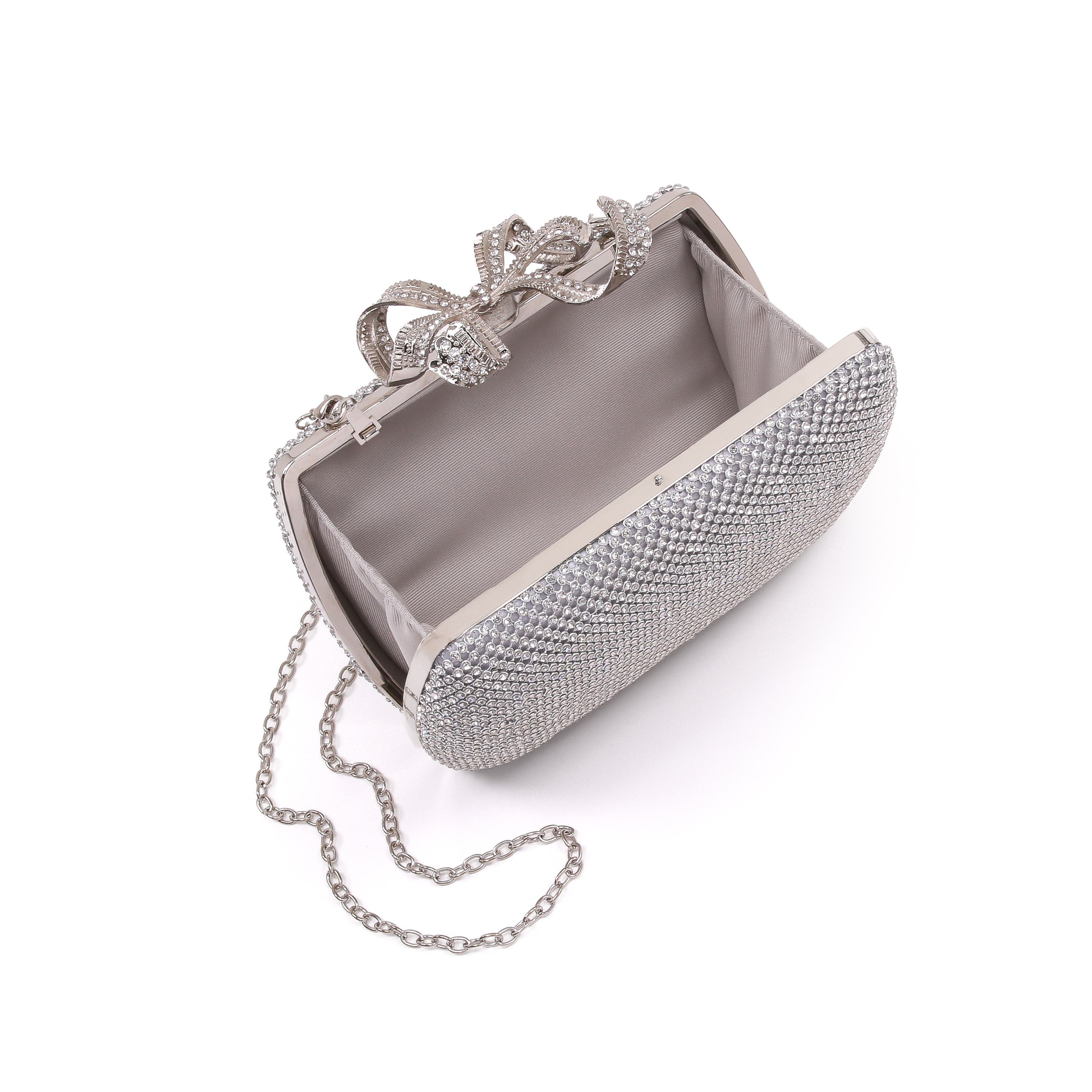 Cassia Crystal Minaudiere w. Bow Clasp, Alternate, color, Silver