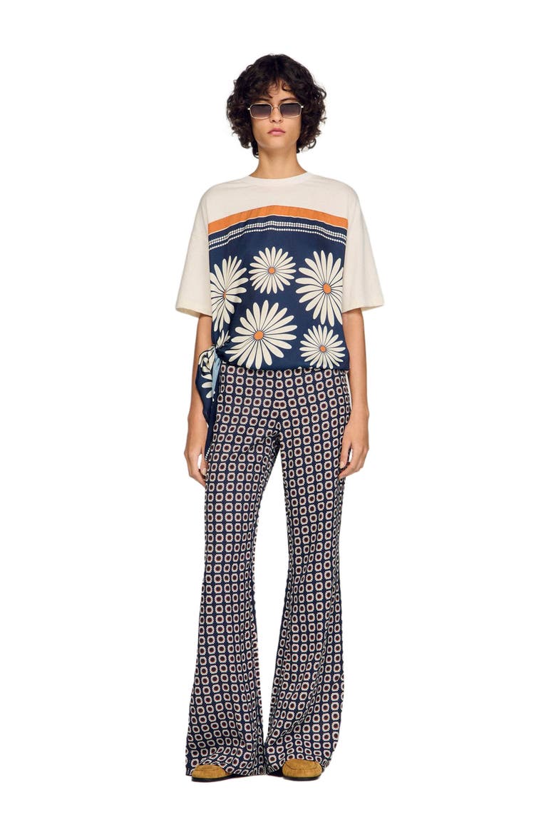 Floral-print floaty trousers, Alternate, color, Deep blue / ocher