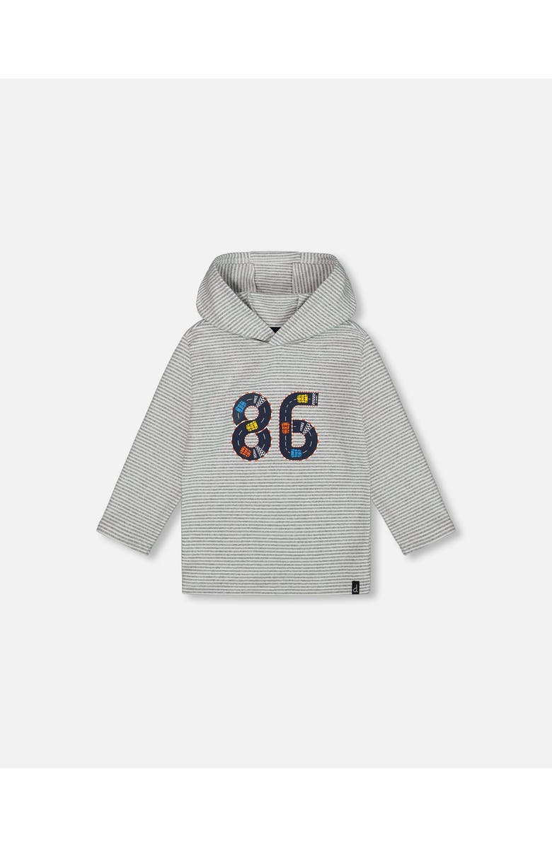 Deux par Deux Boy's Super Soft Hooded T-Shirt With Print Gray Stripe, Main, color, 