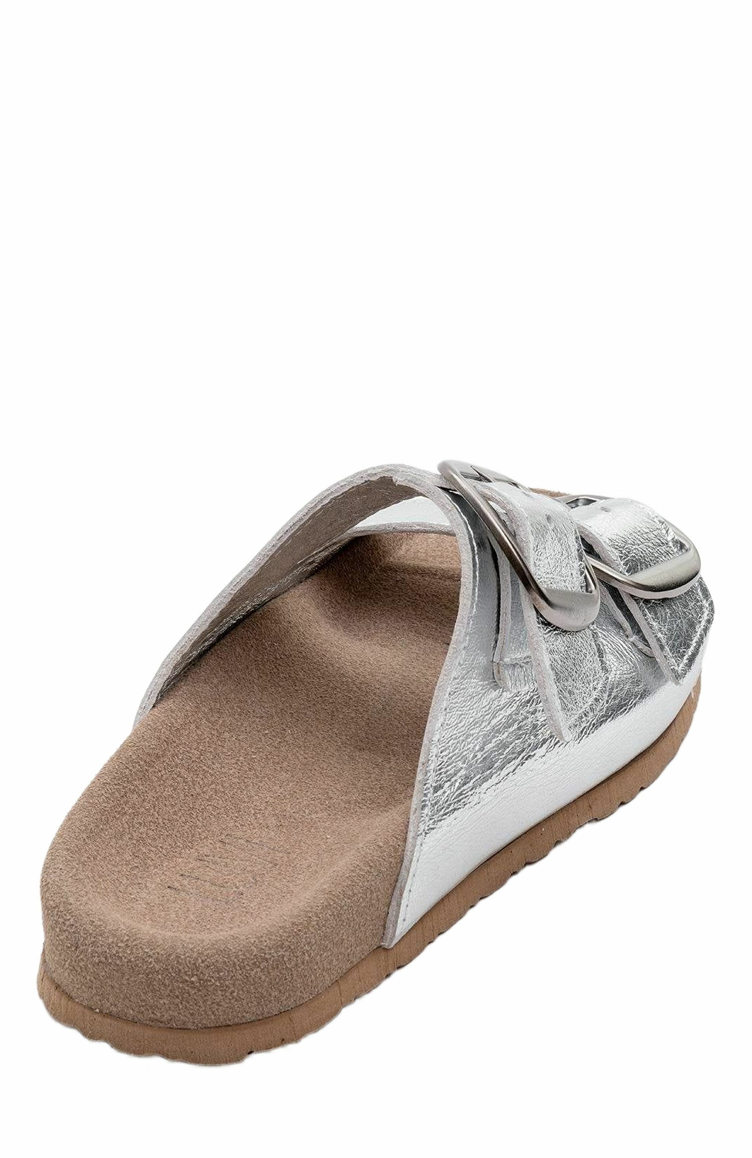 Forever & Always Shoes Ovesta Soft Footbed Leather Slide Sandal, Alternate, color, Silver Leather