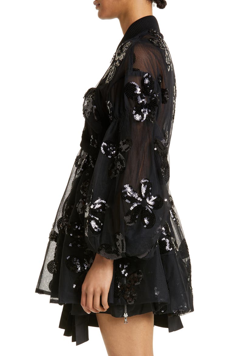 Sequin Daisy Puff Sleeve Sheer Tulle Bomber Jacket, Alternate, color, BLACK/ BLACK