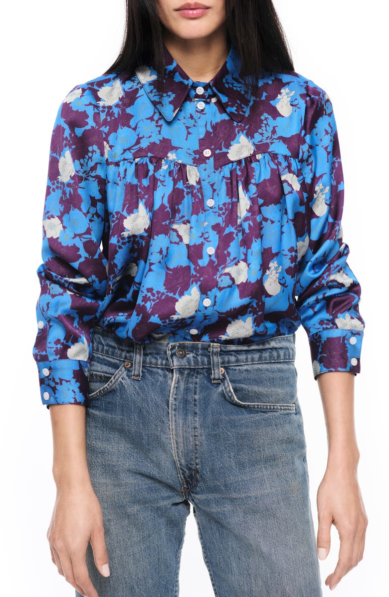 Smythe Floral Shirred Satin Button-Up Shirt, Main, color,