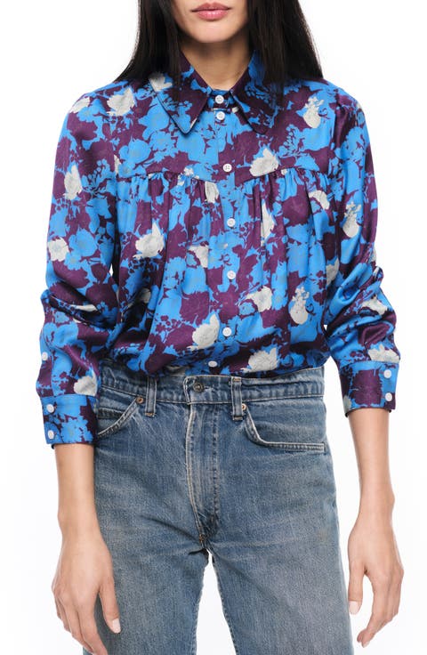 Floral Shirred Satin Button-Up Shirt