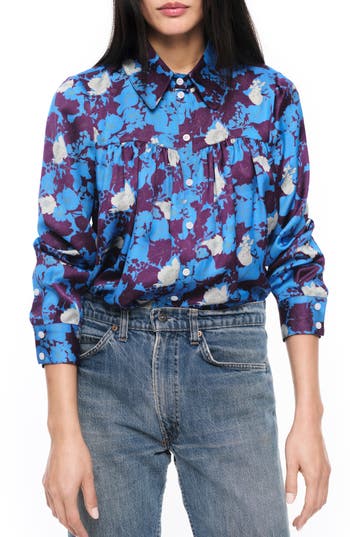 Smythe Floral Shirred Point-collar Blouse In Lapis Floral