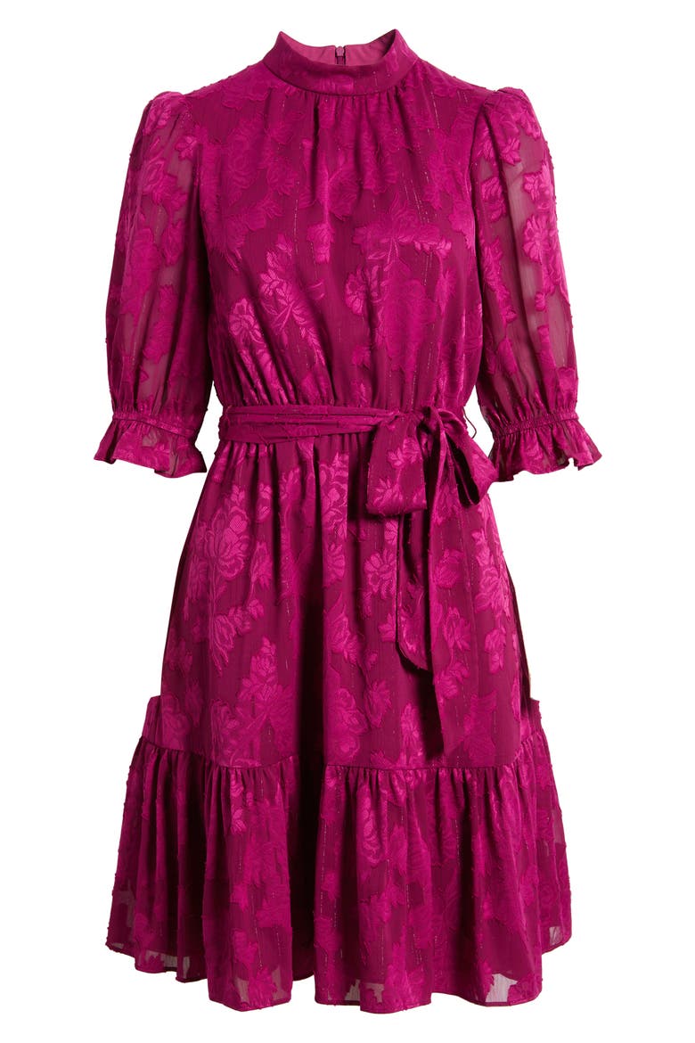 Floral Jacquard Metallic Stripe Chiffon Dress, Alternate, color, FUCHSIA