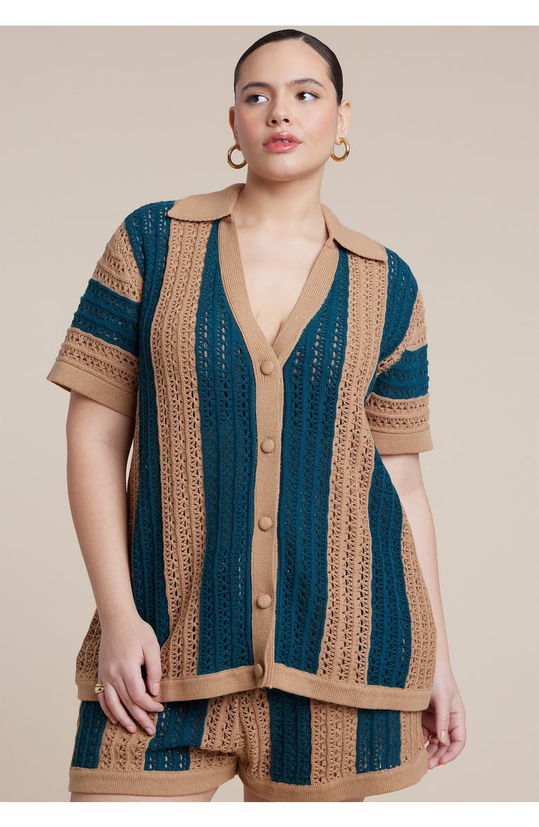 ELOQUII Oversized Crochet Button Up Top, Main, color, Celadon Stripe