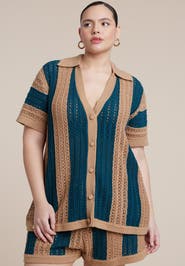 ELOQUII Oversized Crochet Button Up Top