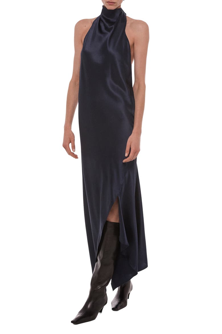 Tie Neck Silk Maxi Dress, Alternate, color, NAVY