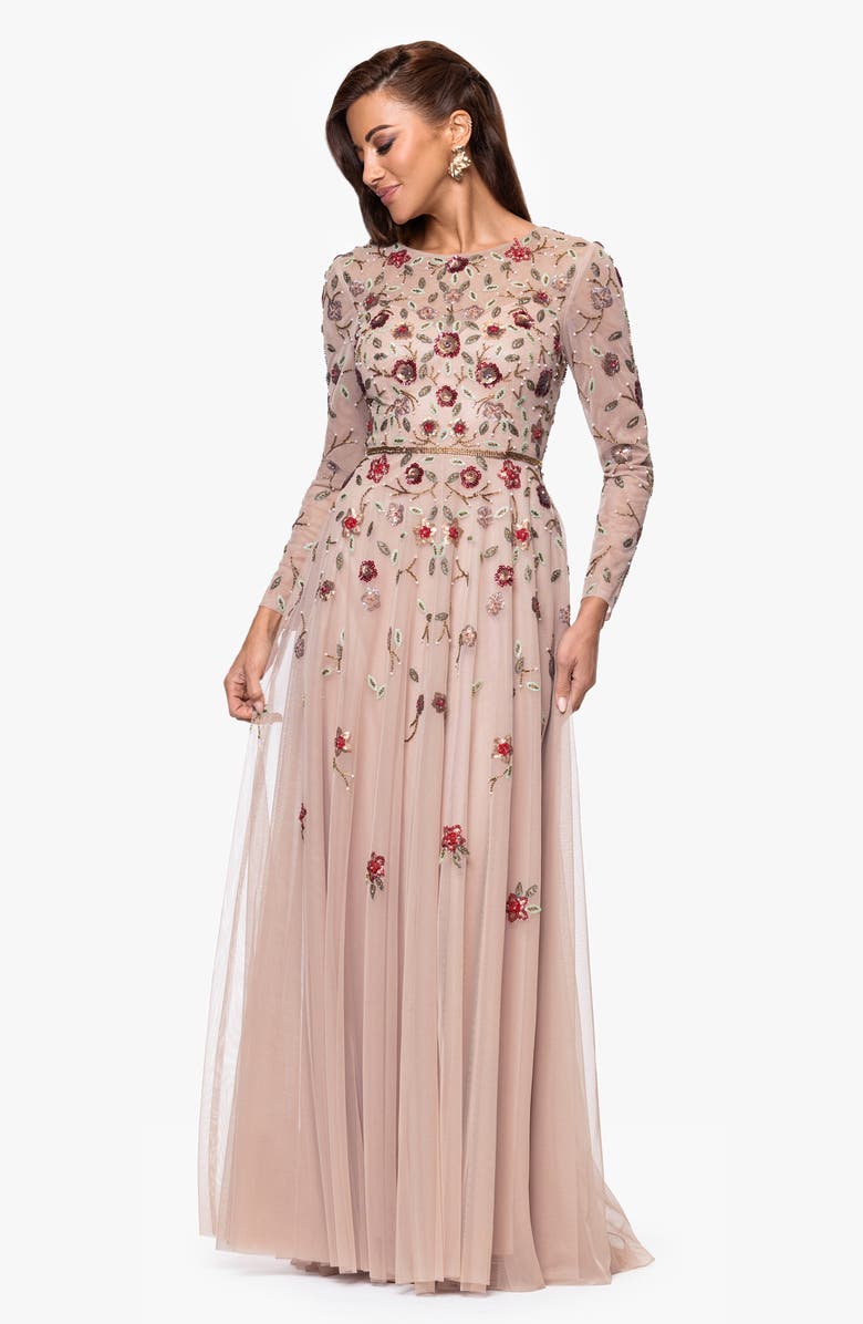 Xscape Evenings Beaded Long Sleeve Chiffon Gown, Alternate, color, Nude/ Multi