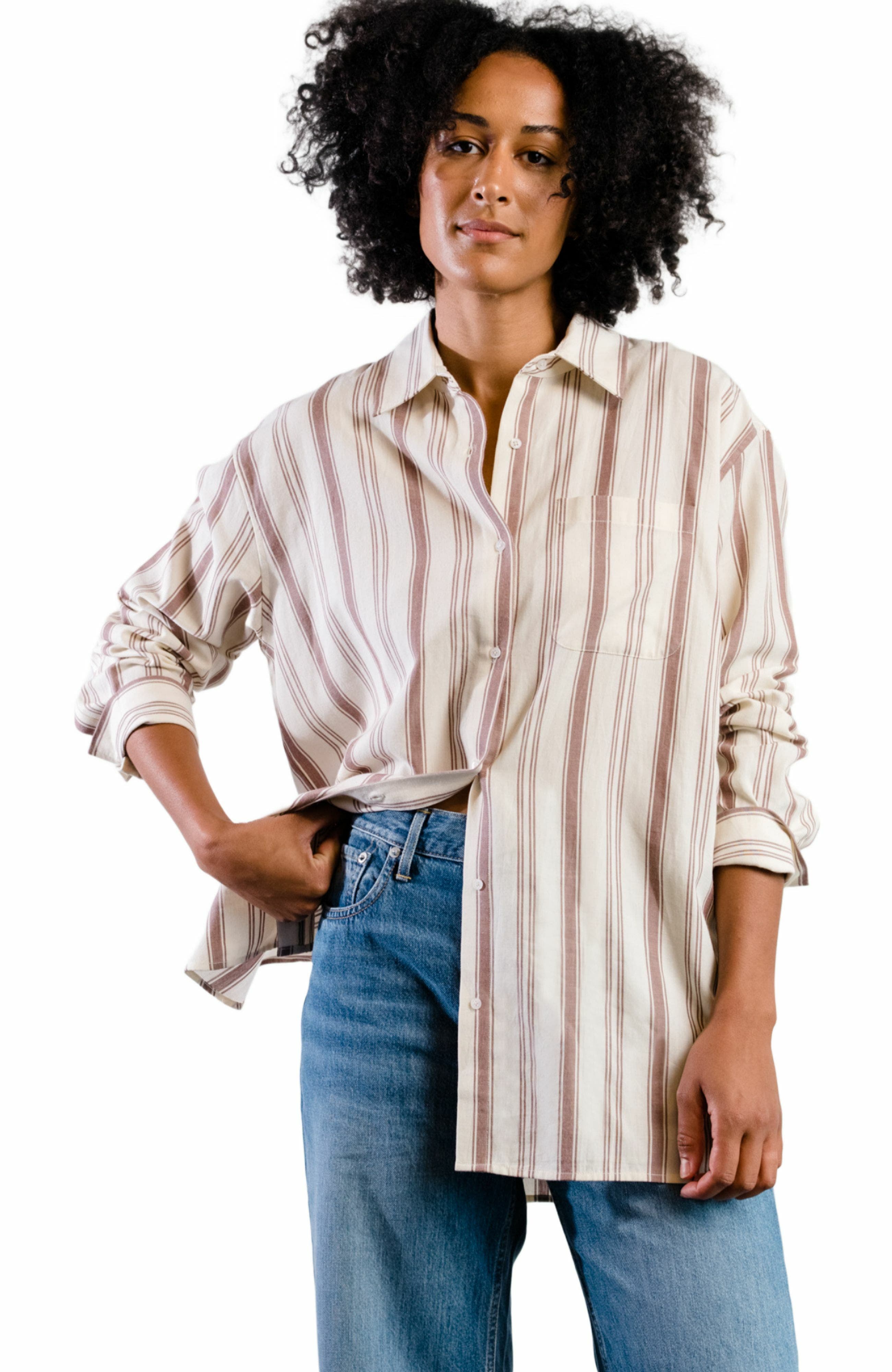 ABLE Harris Oversized Button Down Shirt in Nutmeg Stripe 
