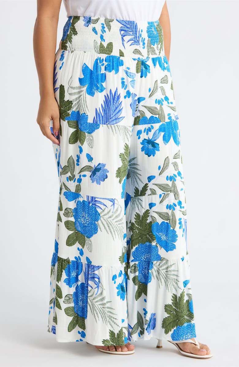 SUGARLIPS Zurie Floral Tovia Smocked Pants, Alternate, color, Wht-Blue-Green