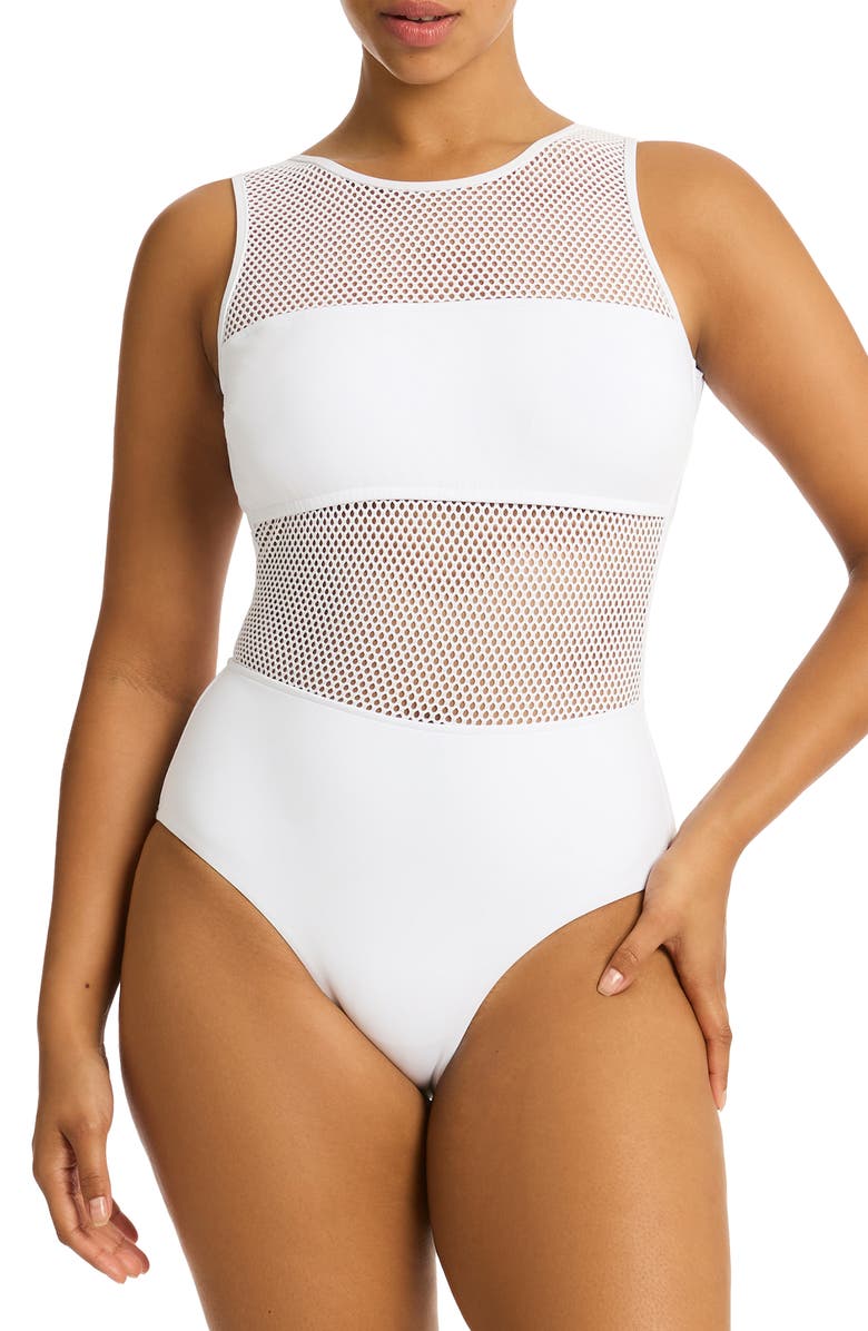Sea Level Drift Mesh Inset One-Piece Swimsuit, Main, color, 